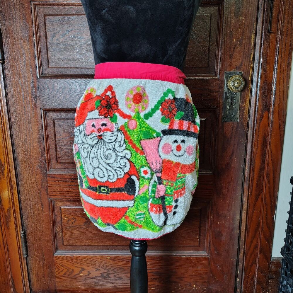 VTG Christmas Santa Claus Frosty Snowman Terry Cloth Half Apron Tea Towel/T706